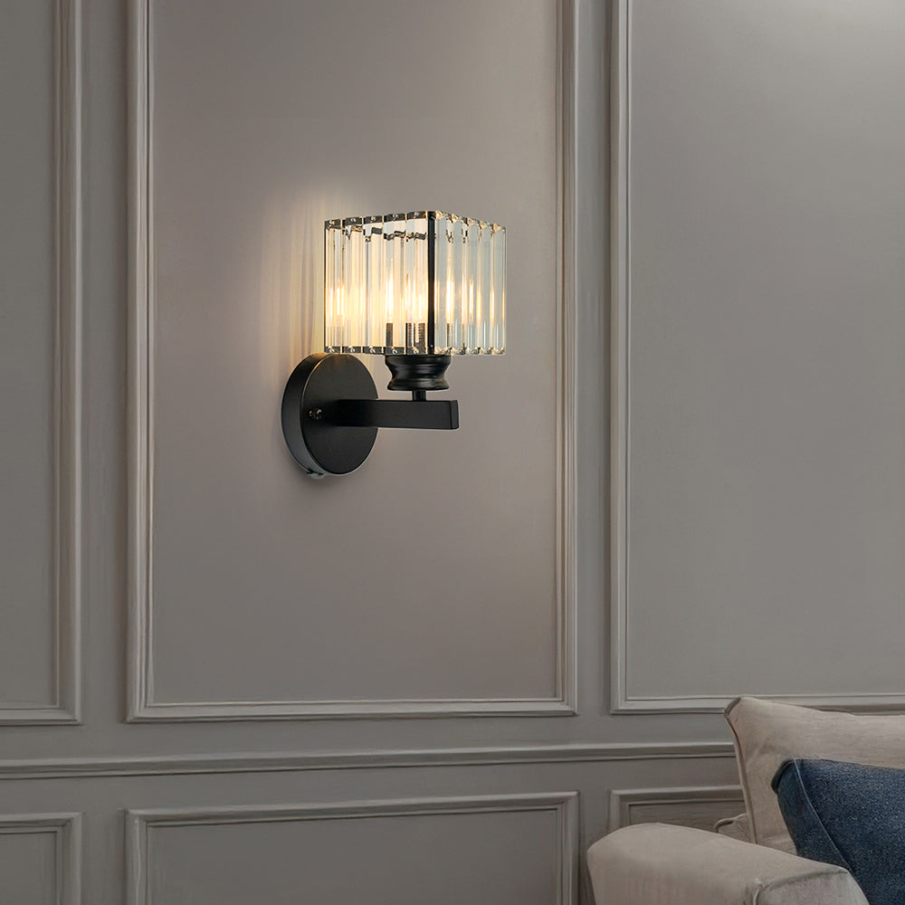 Modern Crystal Glass & Iron Wall Sconce – Round or Square Luxury Wall Light in Black or Gold, 15 x 24 cm, Bedroom & Hallway