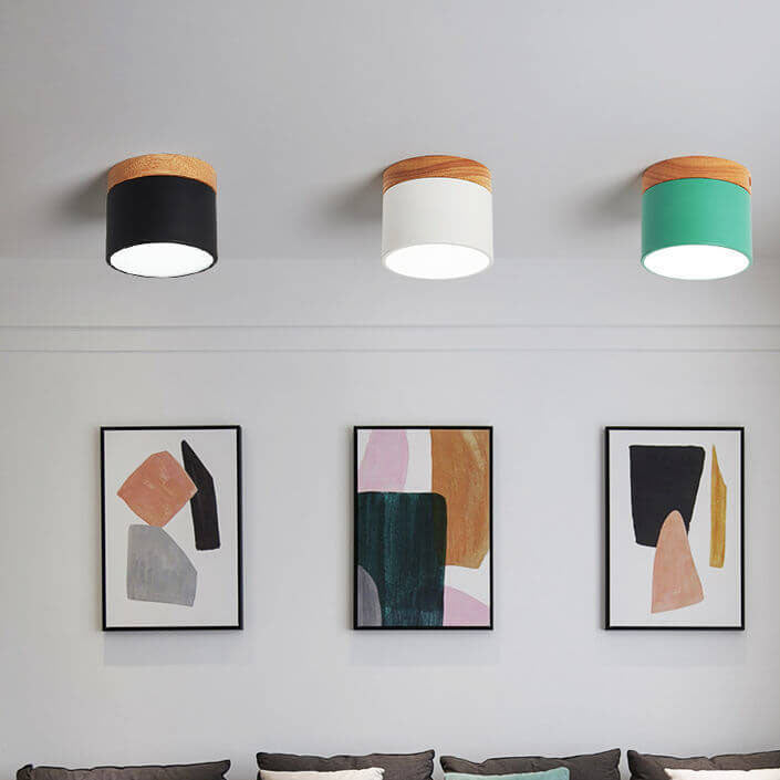 Scandinavian Macaron LED Ceiling Light with Wood Accent – Compact 7W 700 Lumen Flush Mount with 3-Color Light in 7 Colors
