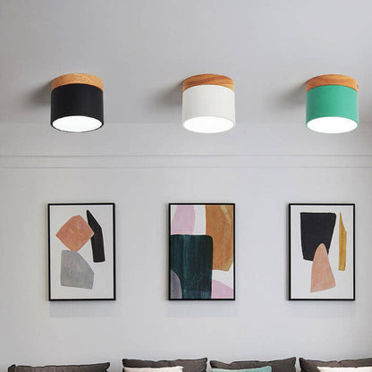 Scandinavian Macaron LED Ceiling Light with Wood Accent – Compact 7W 700 Lumen Flush Mount with 3-Color Light in 7 Colors
