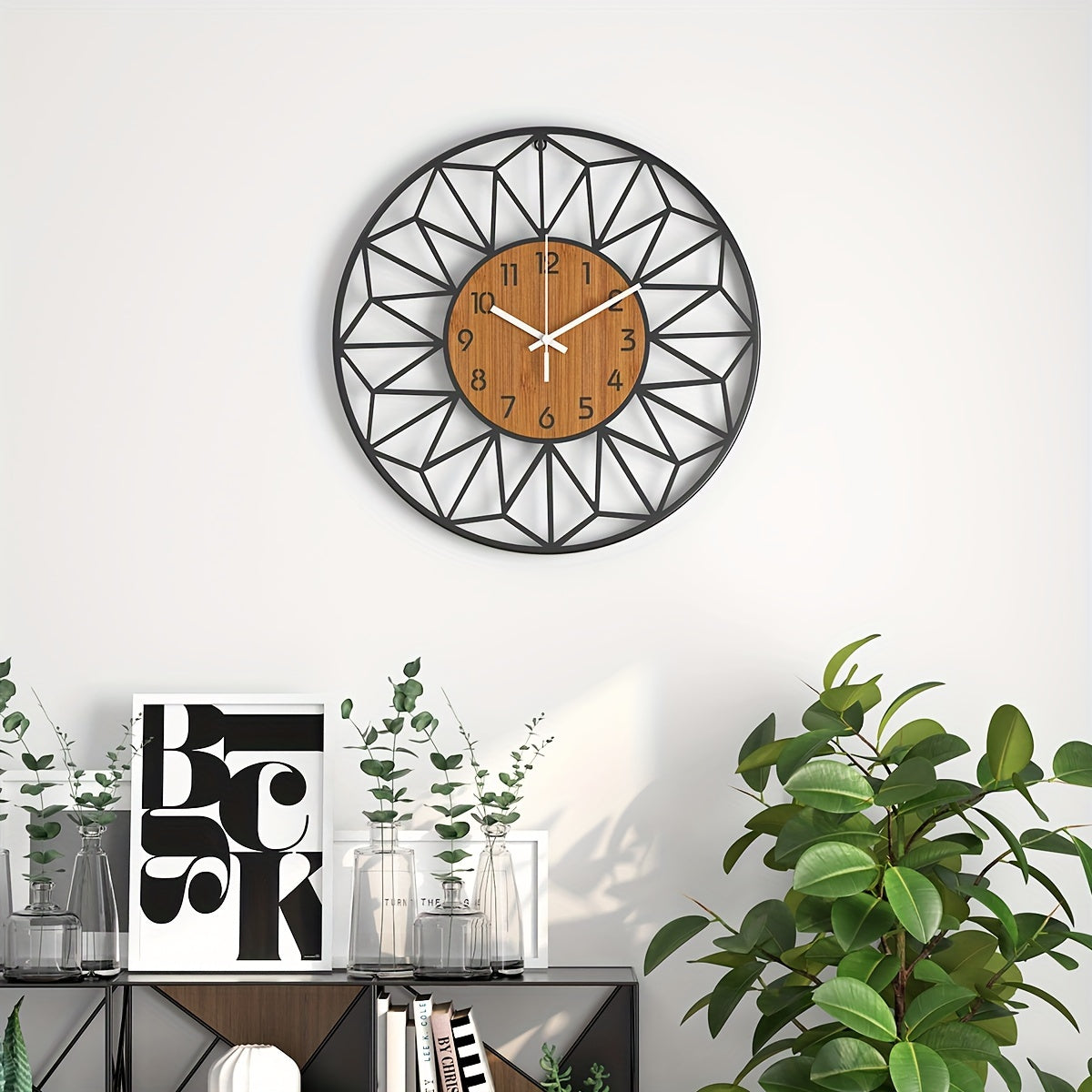 Modern Black Metal & Wood-Grain Wall Clock – Silent Non-Ticking Round Clock in 30, 34 or 40 cm for Living Room & Office