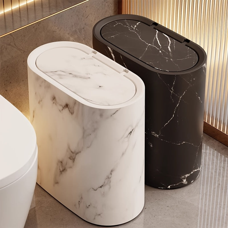 Marble Pattern Lidded Trash Can – Compact Oval Bathroom & Kitchen Waste Bin, 29 x 29 x 14.5 cm, Easy-Clean Plastic