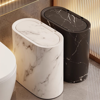 Marble Pattern Lidded Trash Can – Compact Oval Bathroom & Kitchen Waste Bin, 29 x 29 x 14.5 cm, Easy-Clean Plastic
