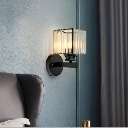 Modern Crystal Glass & Iron Wall Sconce – Round or Square Luxury Wall Light in Black or Gold, 15 x 24 cm, Bedroom & Hallway