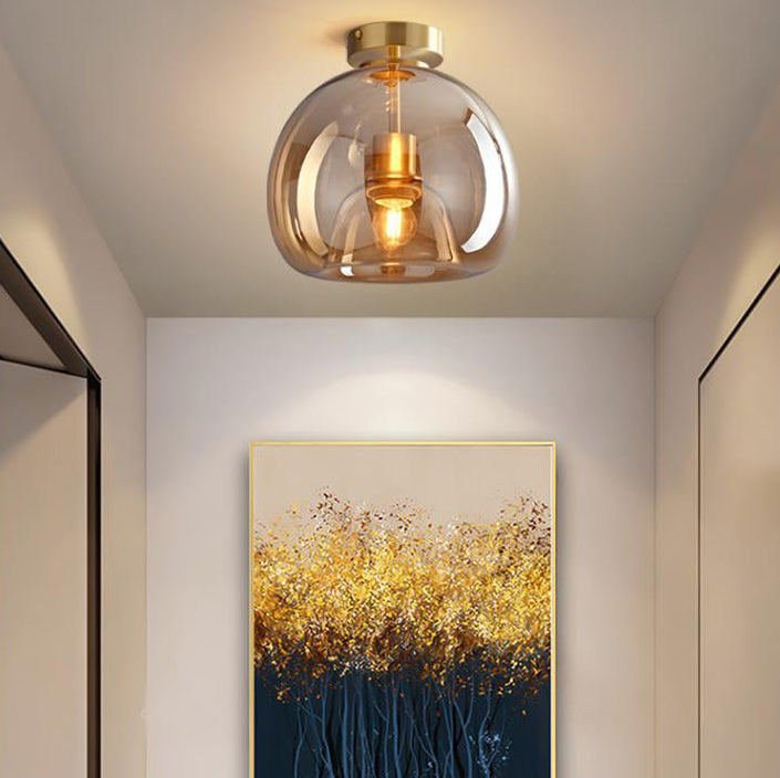 Nordic Glass Globe Semi-Flush Ceiling Light – Smoke Grey or Amber Glass Ball Fixture for Hallway, Bedroom & Living Room