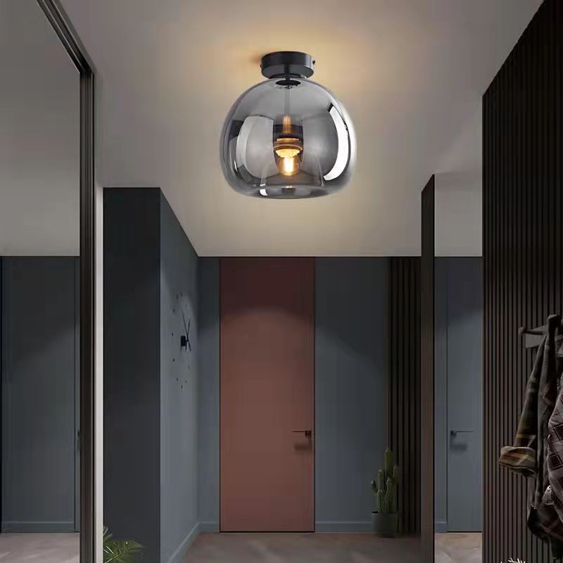 Nordic Glass Globe Semi-Flush Ceiling Light – Smoke Grey or Amber Glass Ball Fixture for Hallway, Bedroom & Living Room