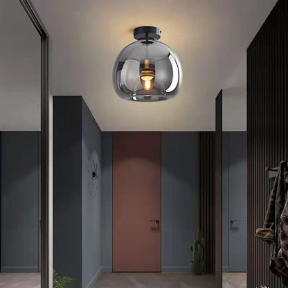 Nordic Glass Globe Semi-Flush Ceiling Light – Smoke Grey or Amber Glass Ball Fixture for Hallway, Bedroom & Living Room