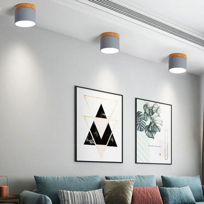 Scandinavian Macaron LED Ceiling Light with Wood Accent – Compact 7W 700 Lumen Flush Mount with 3-Color Light in 7 Colors