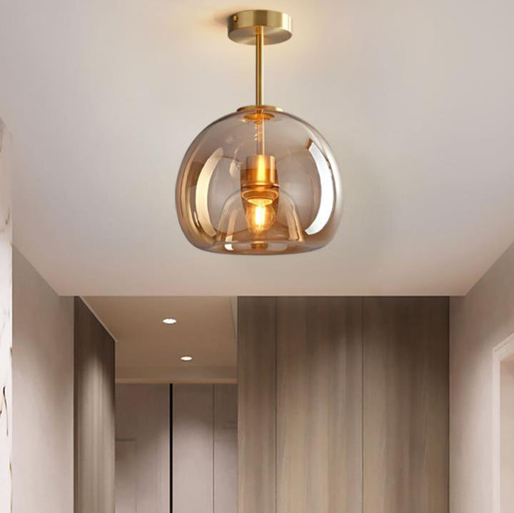Nordic Glass Globe Semi-Flush Ceiling Light – Smoke Grey or Amber Glass Ball Fixture for Hallway, Bedroom & Living Room