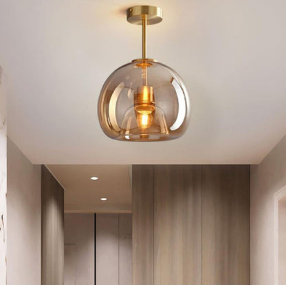 Nordic Glass Globe Semi-Flush Ceiling Light – Smoke Grey or Amber Glass Ball Fixture for Hallway, Bedroom & Living Room