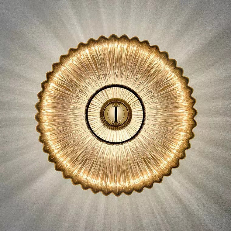 Nordic Vintage Ribbed Glass Wall Sconce – Striped Round Disc Art Deco Wall Light for Bedroom, Hallway & Living Room