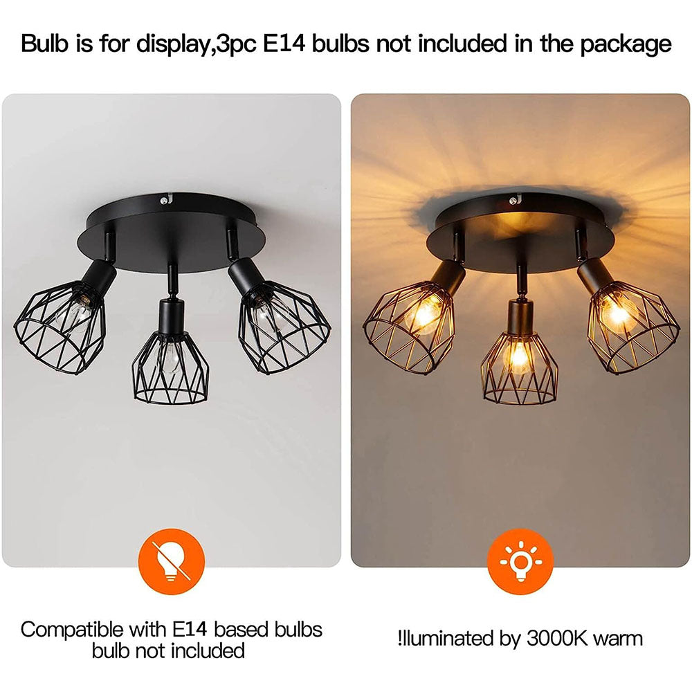 Industrial Adjustable Black Spotlight Ceiling Light – Vintage Geometric Wire Cage Fixture for Kitchen, Hallway & Bedroom