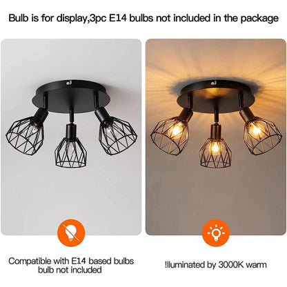 Industrial Adjustable Black Spotlight Ceiling Light – Vintage Geometric Wire Cage Fixture for Kitchen, Hallway & Bedroom