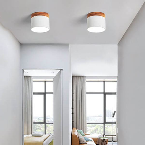 Scandinavian Macaron LED Ceiling Light with Wood Accent – Compact 7W 700 Lumen Flush Mount with 3-Color Light in 7 Colors