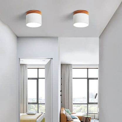 Scandinavian Macaron LED Ceiling Light with Wood Accent – Compact 7W 700 Lumen Flush Mount with 3-Color Light in 7 Colors