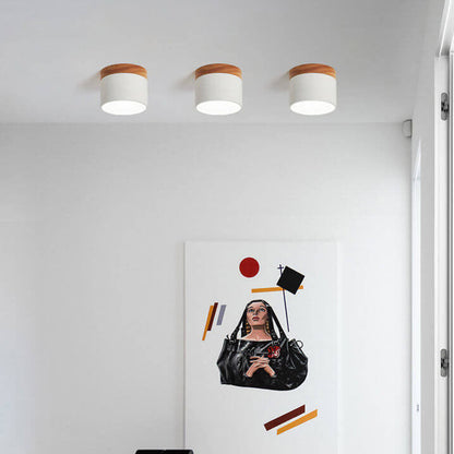 Scandinavian Macaron LED Ceiling Light with Wood Accent – Compact 7W 700 Lumen Flush Mount with 3-Color Light in 7 Colors