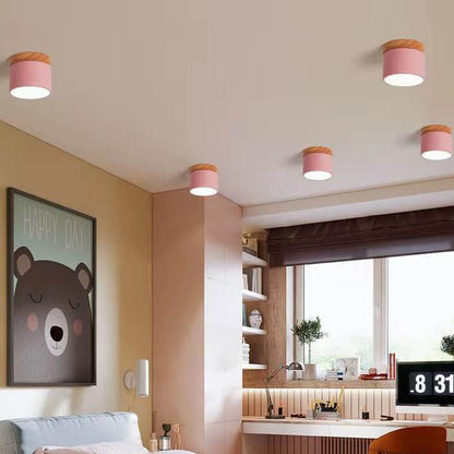 Scandinavian Macaron LED Ceiling Light with Wood Accent – Compact 7W 700 Lumen Flush Mount with 3-Color Light in 7 Colors