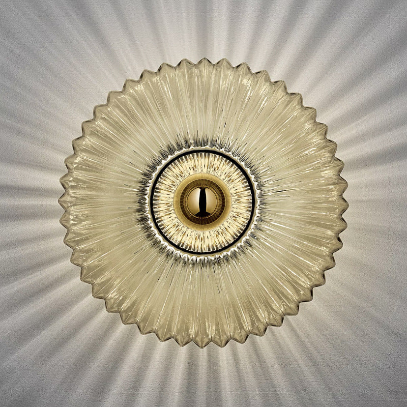 Nordic Vintage Ribbed Glass Wall Sconce – Striped Round Disc Art Deco Wall Light for Bedroom, Hallway & Living Room