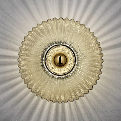Nordic Vintage Ribbed Glass Wall Sconce – Striped Round Disc Art Deco Wall Light for Bedroom, Hallway & Living Room