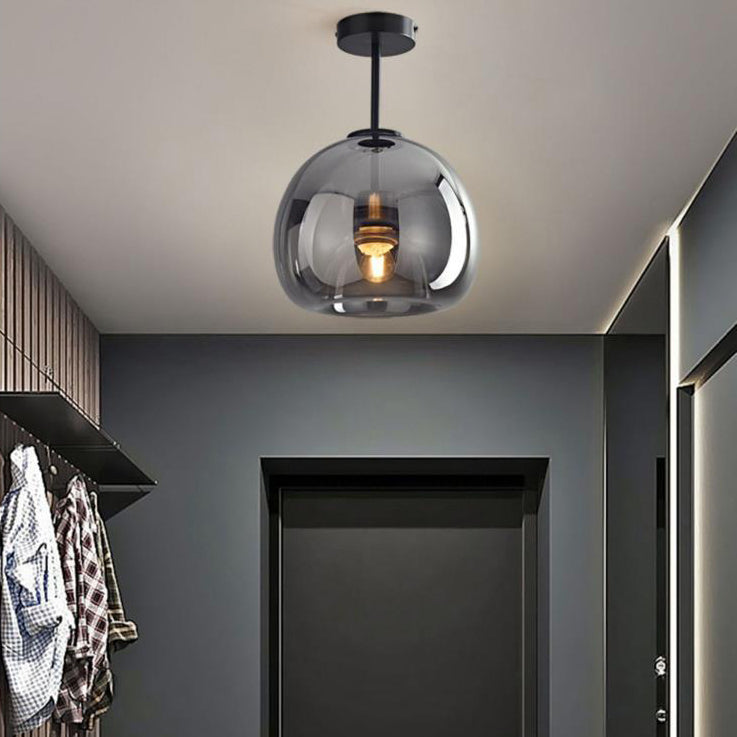 Nordic Glass Globe Semi-Flush Ceiling Light – Smoke Grey or Amber Glass Ball Fixture for Hallway, Bedroom & Living Room