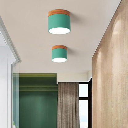 Scandinavian Macaron LED Ceiling Light with Wood Accent – Compact 7W 700 Lumen Flush Mount with 3-Color Light in 7 Colors