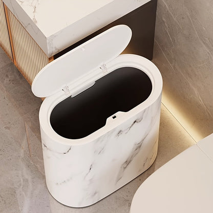 Marble Pattern Lidded Trash Can – Compact Oval Bathroom & Kitchen Waste Bin, 29 x 29 x 14.5 cm, Easy-Clean Plastic