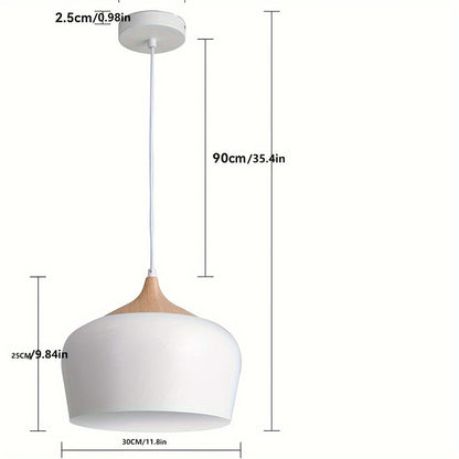 Modern Scandinavian Iron & Wood Grain Pendant Light – Matte Metal Dome Hanging Lamp for Kitchen Island, Dining & Living Room