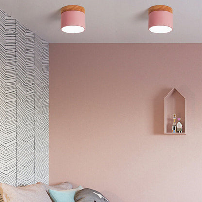 Scandinavian Macaron LED Ceiling Light with Wood Accent – Compact 7W 700 Lumen Flush Mount with 3-Color Light in 7 Colors
