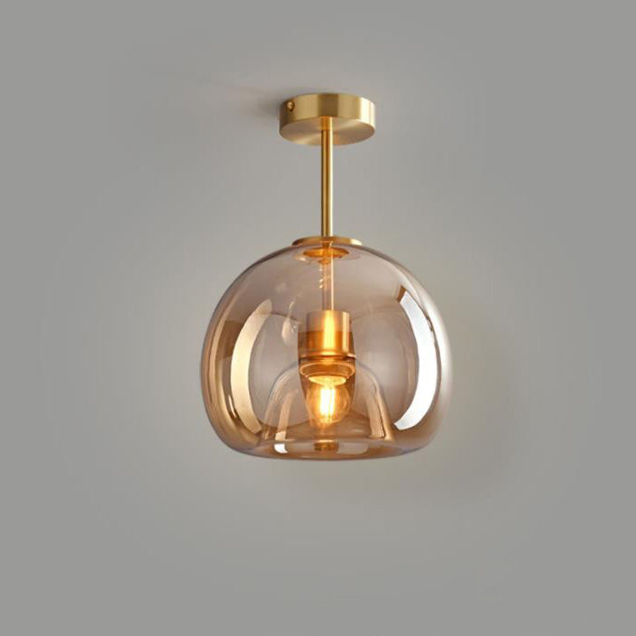 Nordic Glass Globe Semi-Flush Ceiling Light – Smoke Grey or Amber Glass Ball Fixture for Hallway, Bedroom & Living Room