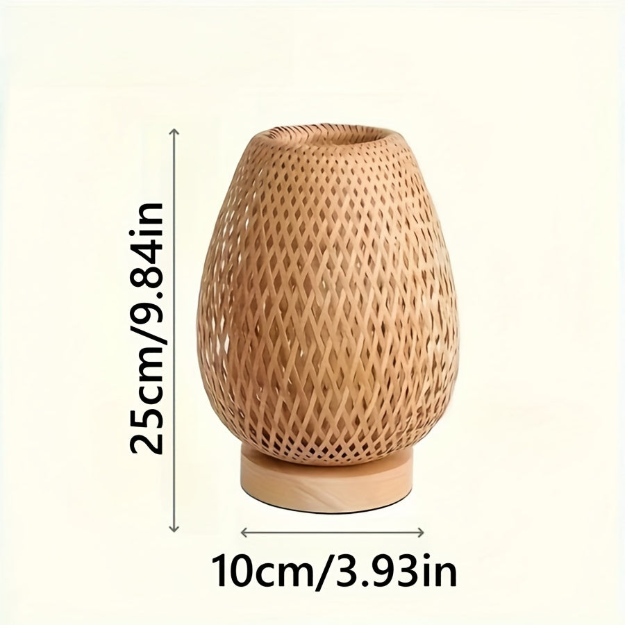 Handcrafted Woven Bamboo Bedside Lamp – Dimmable 3-Color USB Table Light with Natural Wood Base, Artisan Boho Lamp