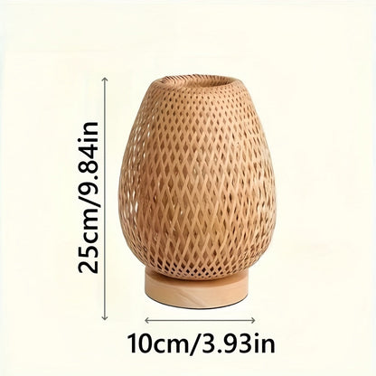 Handcrafted Woven Bamboo Bedside Lamp – Dimmable 3-Color USB Table Light with Natural Wood Base, Artisan Boho Lamp