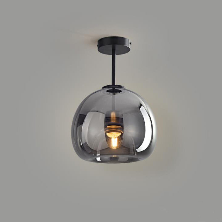 Nordic Glass Globe Semi-Flush Ceiling Light – Smoke Grey or Amber Glass Ball Fixture for Hallway, Bedroom & Living Room