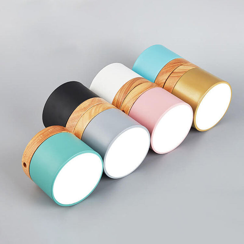 Scandinavian Macaron LED Ceiling Light with Wood Accent – Compact 7W 700 Lumen Flush Mount with 3-Color Light in 7 Colors