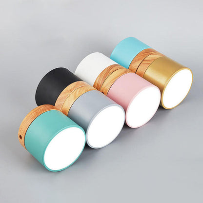 Scandinavian Macaron LED Ceiling Light with Wood Accent – Compact 7W 700 Lumen Flush Mount with 3-Color Light in 7 Colors