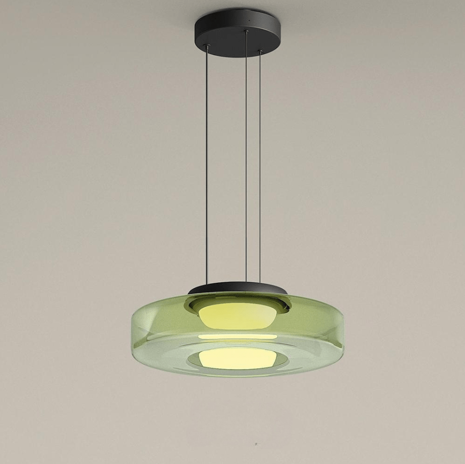 Bauhaus Layered Glass LED Pendant Light – 12W Warm White Tiered Hanging Fixture in Amber, Green or Smoke Grey, 6 Sizes