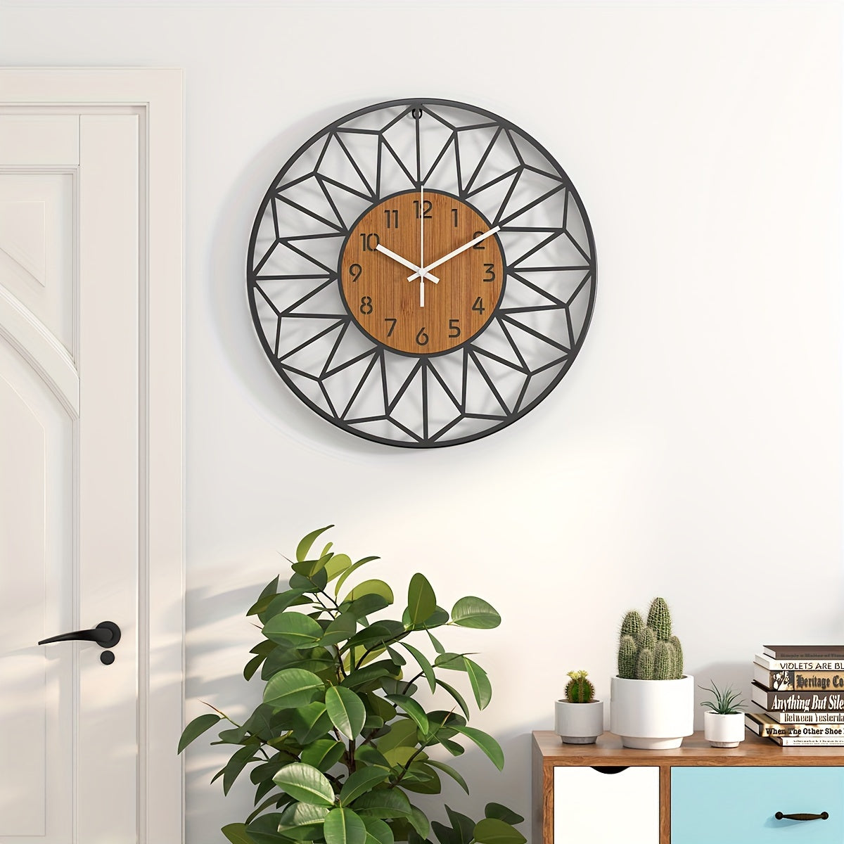 Modern Black Metal & Wood-Grain Wall Clock – Silent Non-Ticking Round Clock in 30, 34 or 40 cm for Living Room & Office