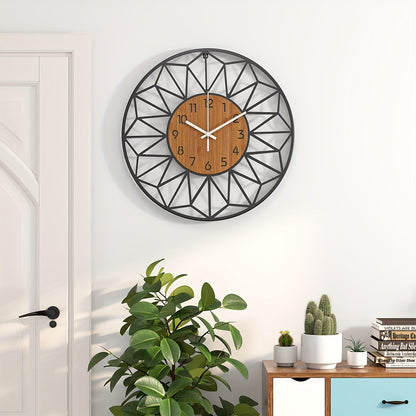 Modern Black Metal & Wood-Grain Wall Clock – Silent Non-Ticking Round Clock in 30, 34 or 40 cm for Living Room & Office