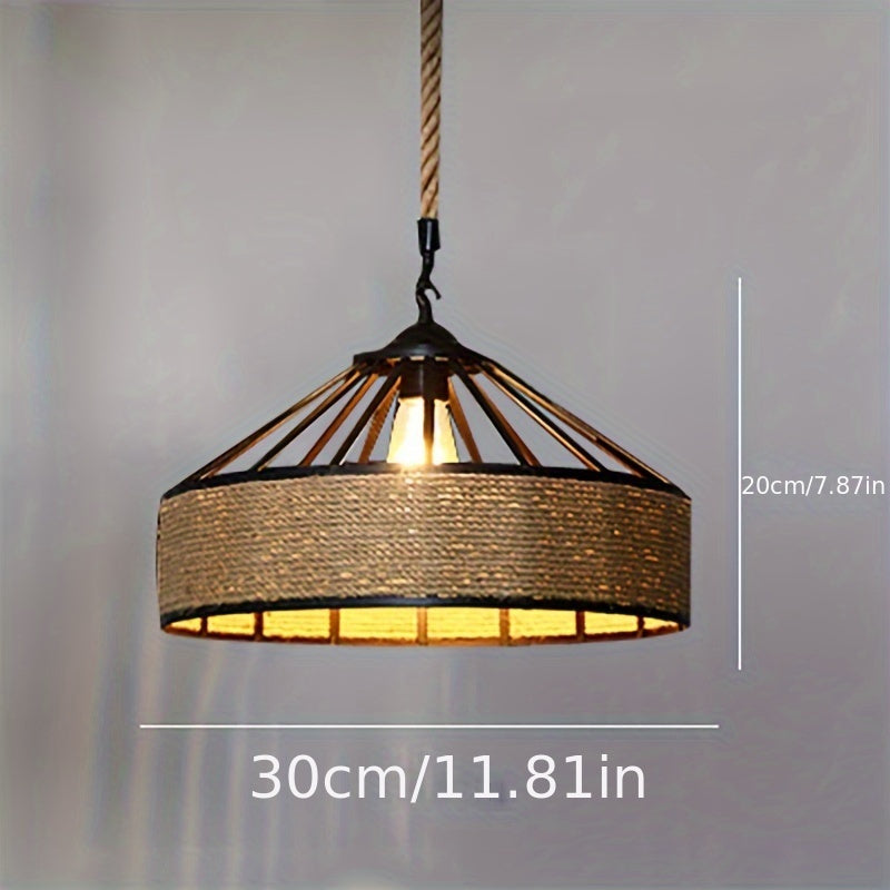 Rustic Hand-Woven Hemp Rope Pendant Light – Vintage Farmhouse Ceiling Lamp with Metal Frame & Adjustable Cord