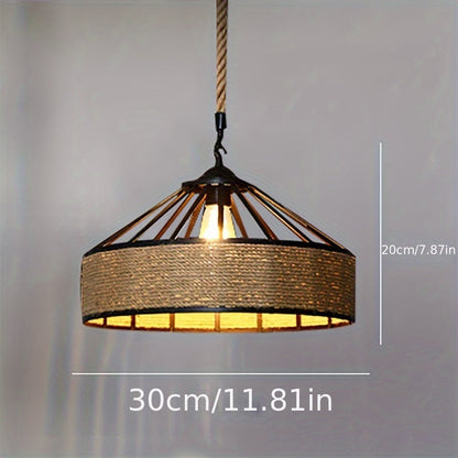 Rustic Hand-Woven Hemp Rope Pendant Light – Vintage Farmhouse Ceiling Lamp with Metal Frame & Adjustable Cord