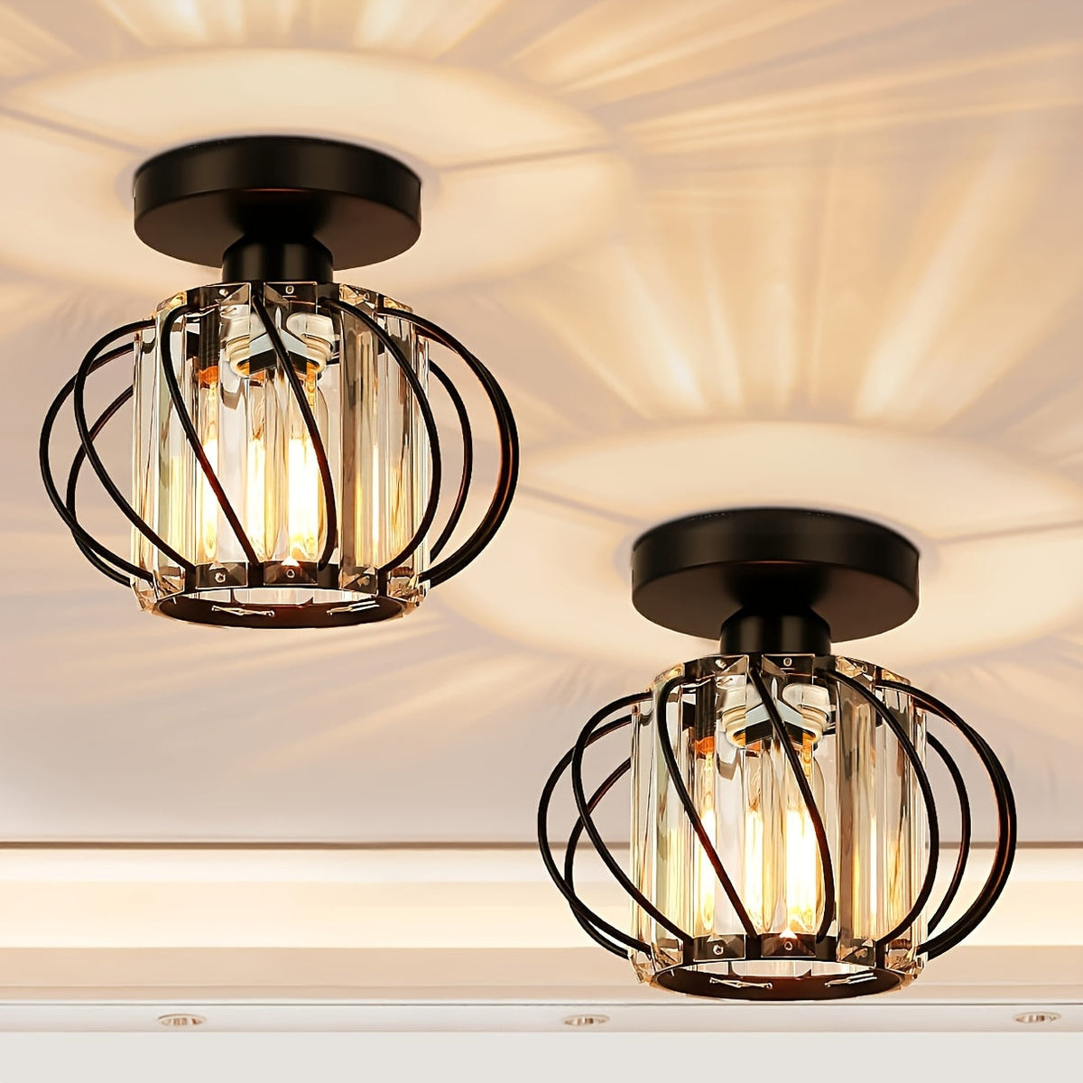 Modern Industrial Glass Cage Ceiling Light Set of 2 – Clear Glass Semi-Flush Mount in Black, Gold or Silver for Kitchen & Hallway