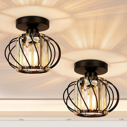 Modern Industrial Glass Cage Ceiling Light Set of 2 – Clear Glass Semi-Flush Mount in Black, Gold or Silver for Kitchen & Hallway