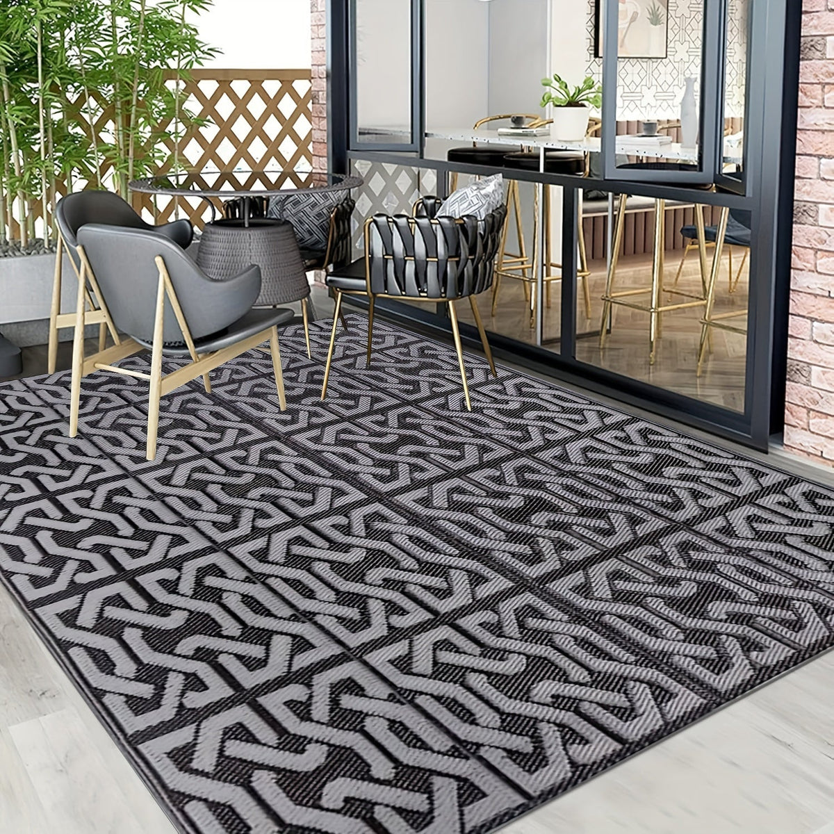 Reversible Outdoor Rug – Modern Black & Grey Geometric Weather-Resistant Polypropylene Patio Mat, 3 Large Sizes