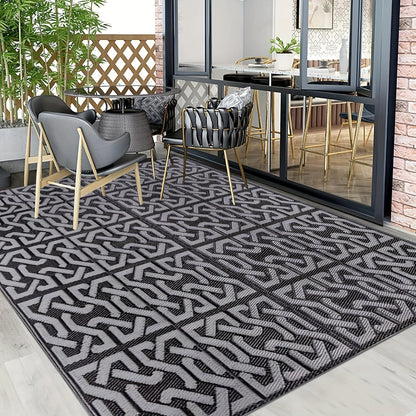 Reversible Outdoor Rug – Modern Black & Grey Geometric Weather-Resistant Polypropylene Patio Mat, 3 Large Sizes