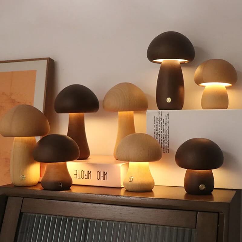 Portobello Natural Wood Mushroom Lamp – Rechargeable Touch-Dimmable Bedside Night Light, 6-8 Hour Battery, Walnut or Wood