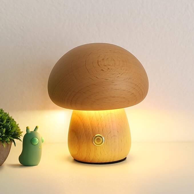 Portobello Natural Wood Mushroom Lamp – Rechargeable Touch-Dimmable Bedside Night Light, 6-8 Hour Battery, Walnut or Wood