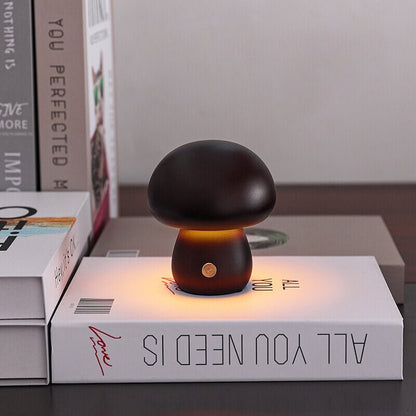 Portobello Natural Wood Mushroom Lamp – Rechargeable Touch-Dimmable Bedside Night Light, 6-8 Hour Battery, Walnut or Wood