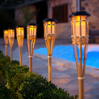 Solar Bamboo Flame Torch Lanterns 2-Pack – 12-LED Flickering Flame Outdoor Garden Lights, Auto On Dusk to Dawn, Tiki Style