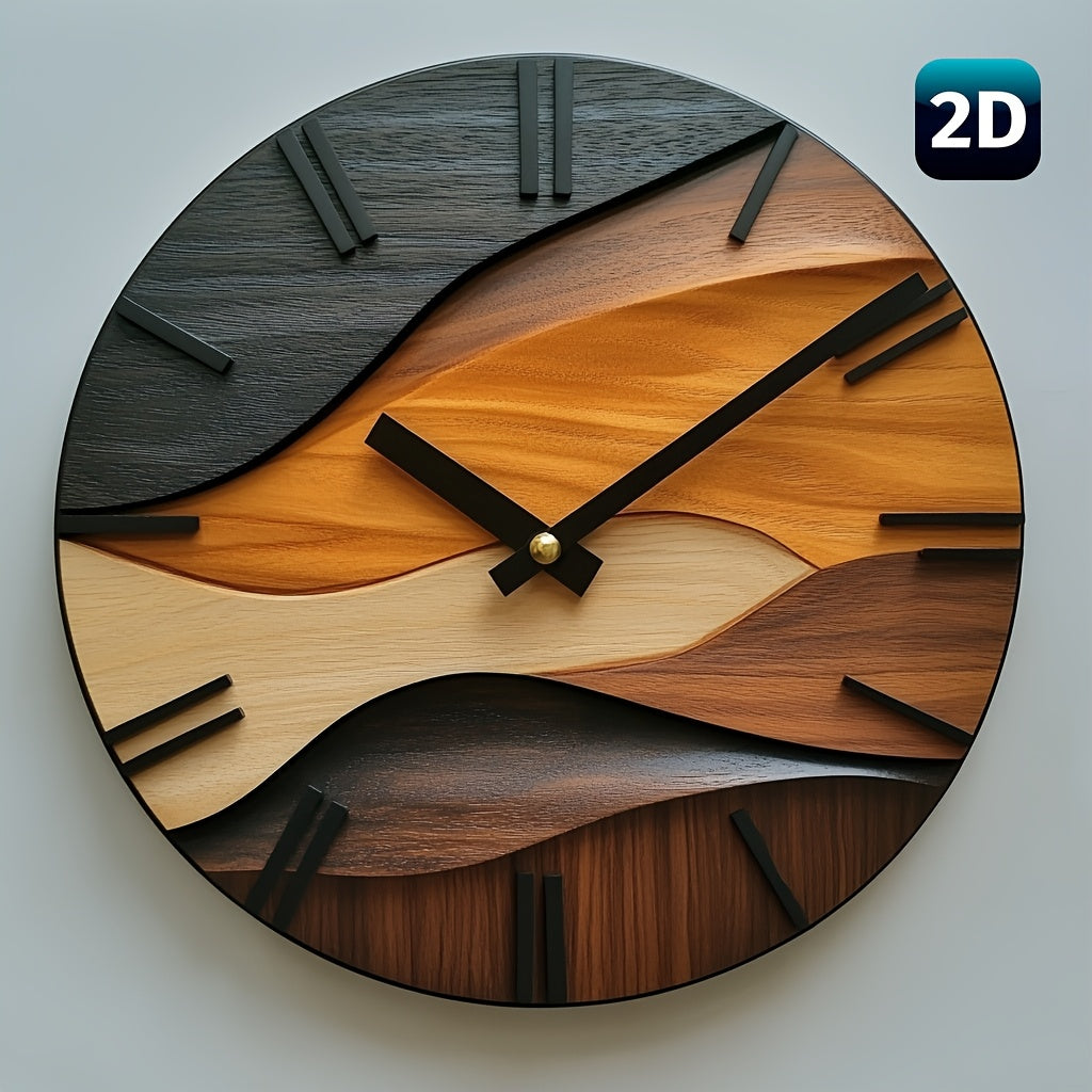 Artistic Round Wall Clock – Silent Non-Ticking 12 Inch Nordic Faux Wood Grain Clock for Living Room, Bedroom & Office