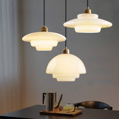 Mid-Century White Glass Pendant Light – Modern Dome Hanging Lamp with Brass Accents for Kitchen & Dining
