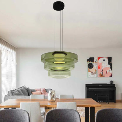 Bauhaus Layered Glass Pendant Lamp – Modern Amber, Green or Smoke Grey Hanging Light Fixture for Kitchen & Dining Room