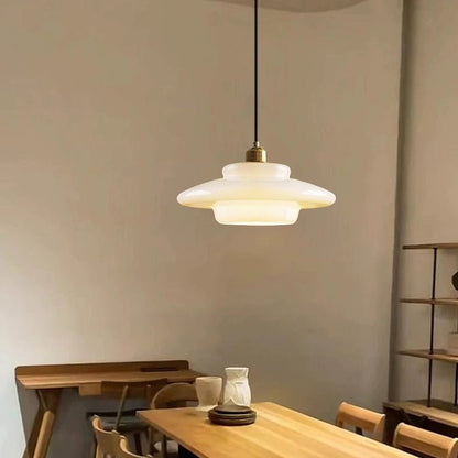 Mid-Century White Glass Pendant Light – Modern Dome Hanging Lamp with Brass Accents for Kitchen & Dining